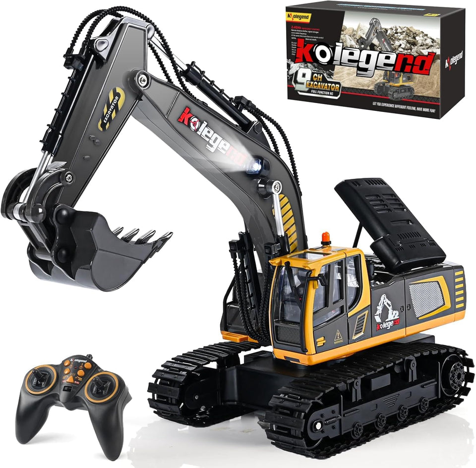 kolegend remote control excavator front view showing compact design for active play