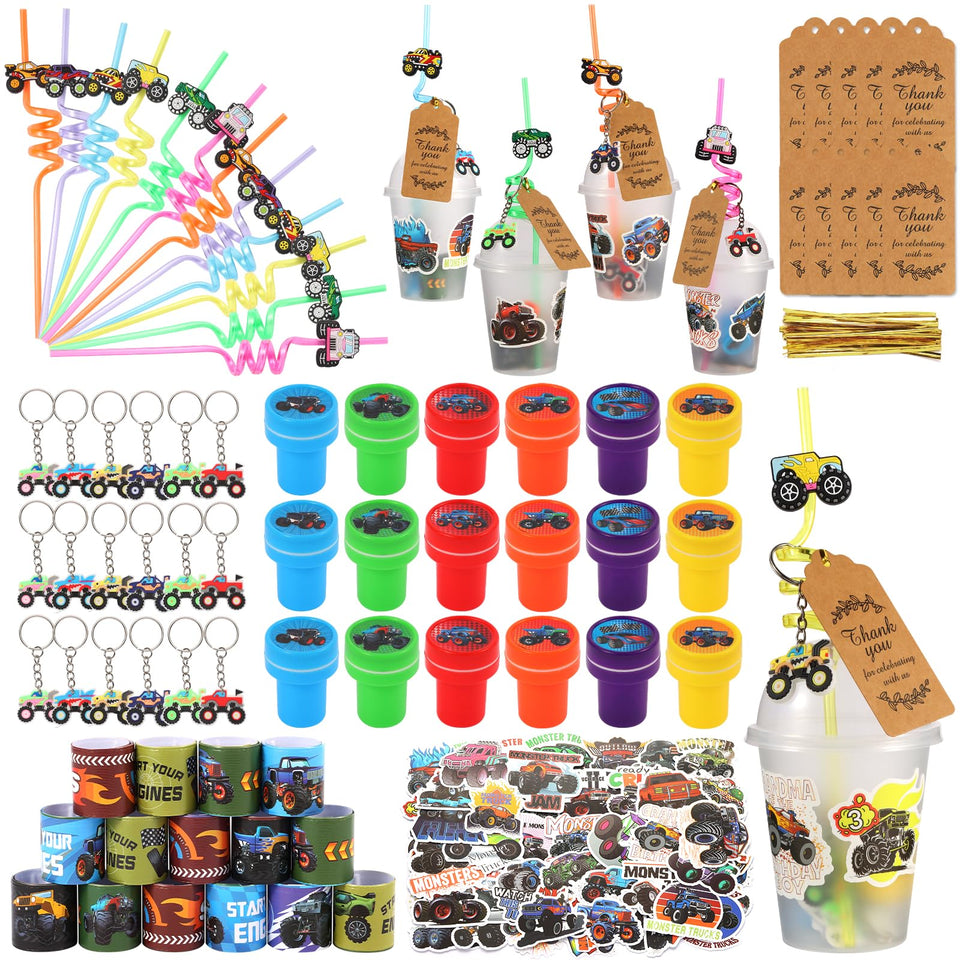 Kolewo4ever Monster Truck cups with dome lids for convenient party beverages.