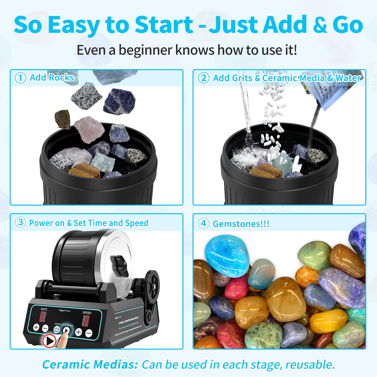 Sealed stainless steel lid keeps tumbling mess-free and contained.