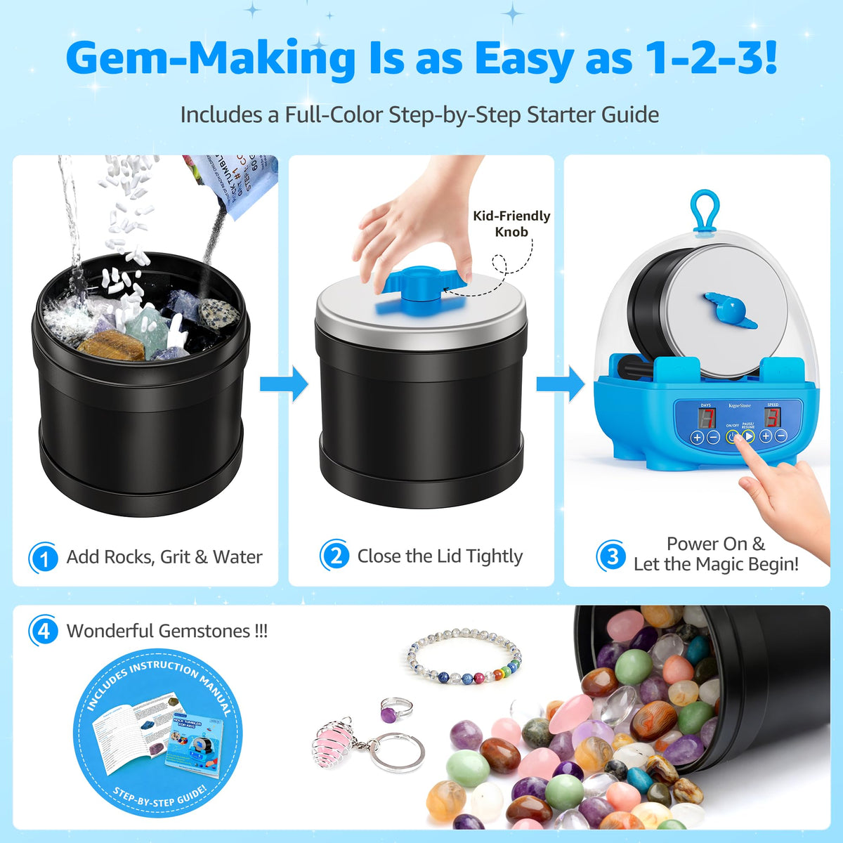 KomeStone K5 gemstone assortment and accessories for creative polishing.