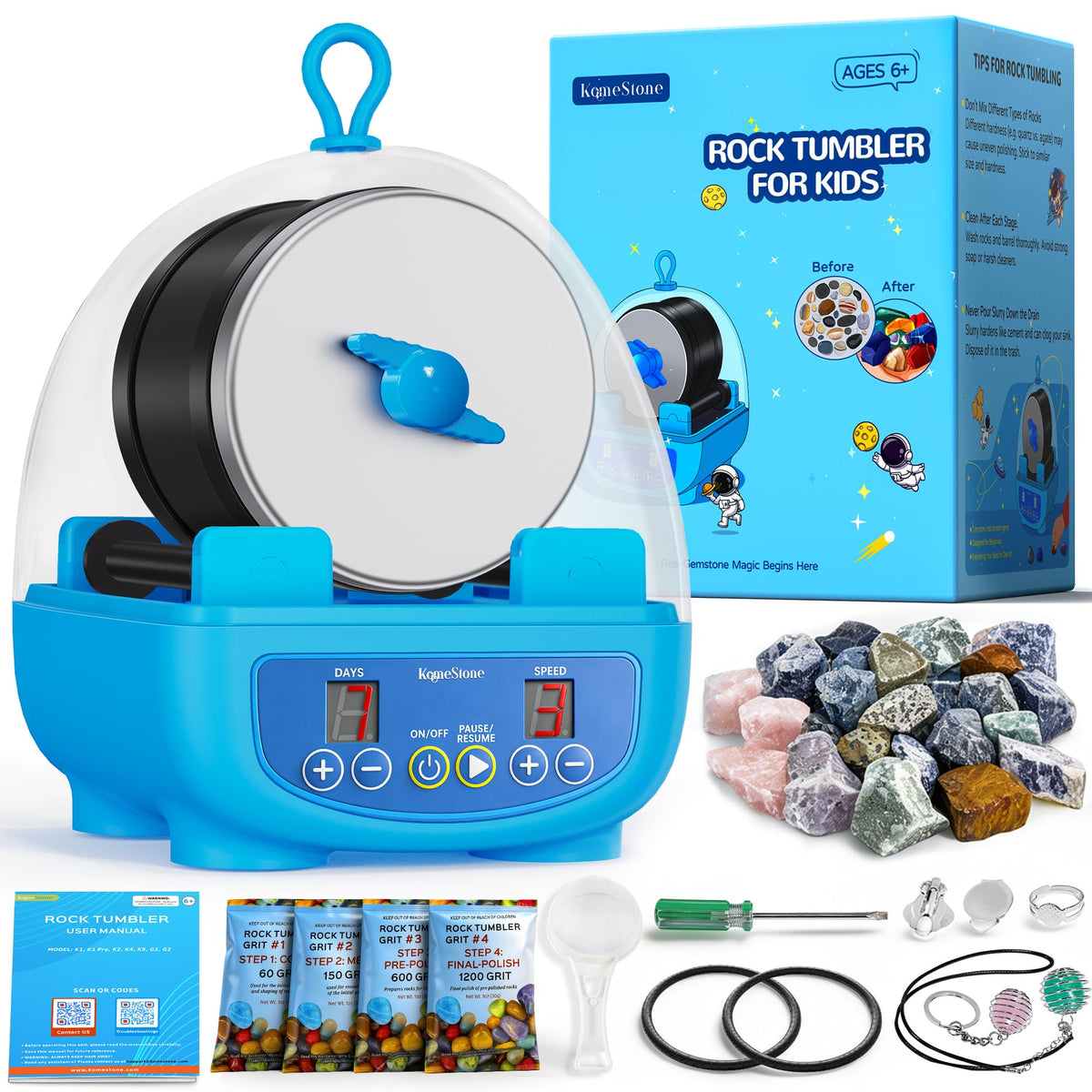 KomeStone K5 front view rock tumbler for kid-friendly desk use.