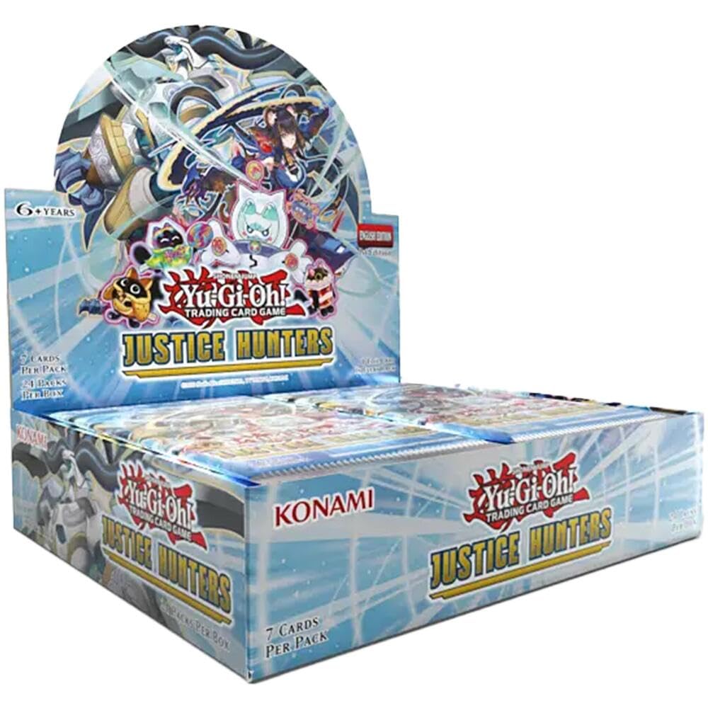 Konami Yu-Gi-Oh! Justice Hunters booster box front view, ideal for display and future deck-building.