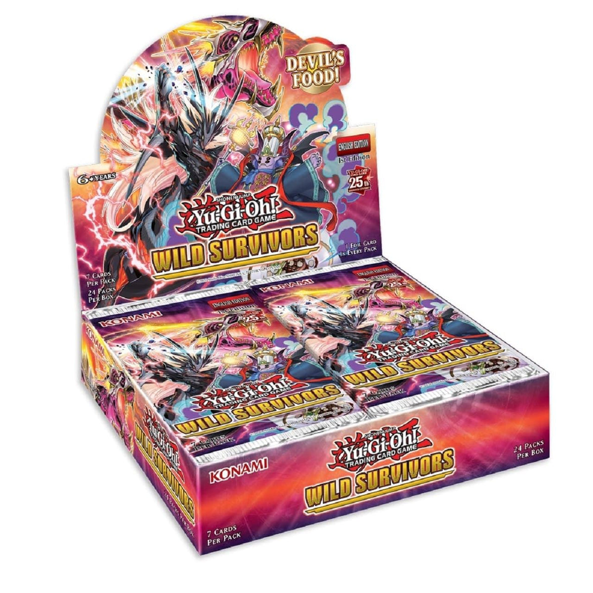 Konami Yu-Gi-Oh! Wild Survivors box with 24 packs, great for collectors.