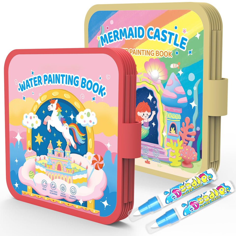K'ONLE reusable water coloring book with ponies and mermaid castle; mess-free play for kids.