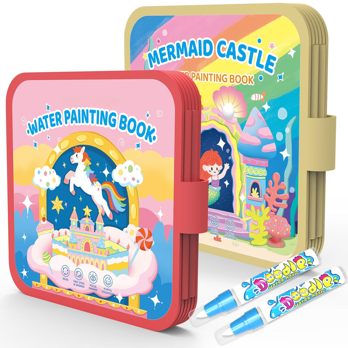 K'ONLE reusable water coloring book with ponies and mermaid castle; mess-free play for kids.