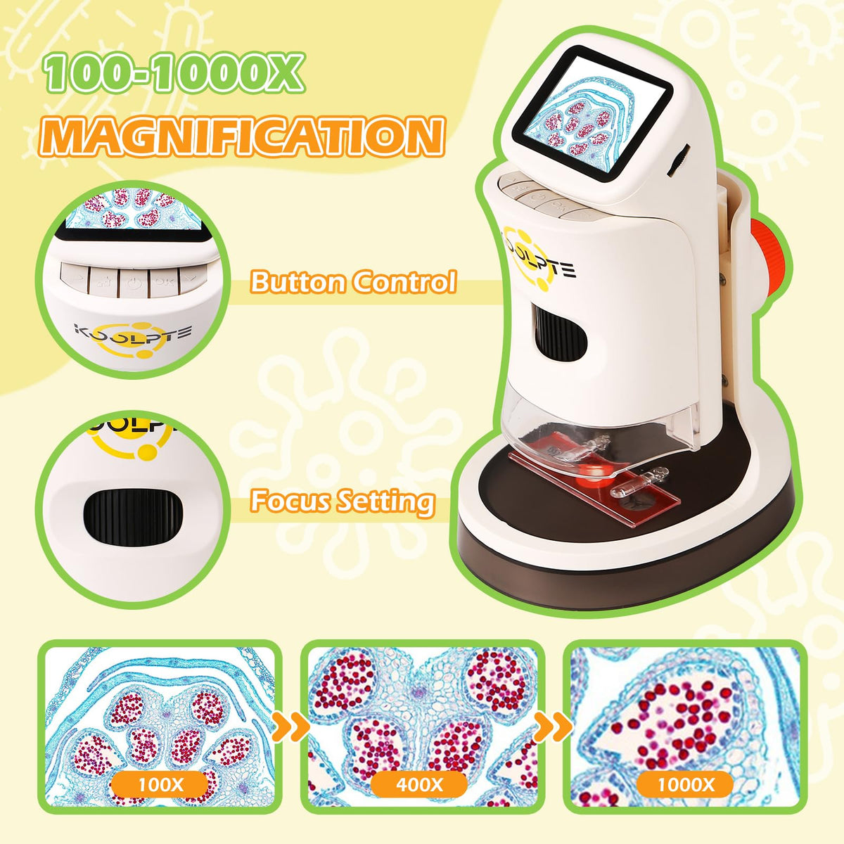 Koolpte Kids Microscope captures photos and videos for sharing discoveries.