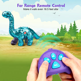 Koonie dinosaur is battery-powered with a kid-friendly controller.