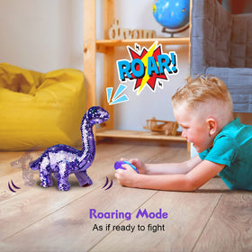 Koonie dinosaur roars and sings to energize playtime.