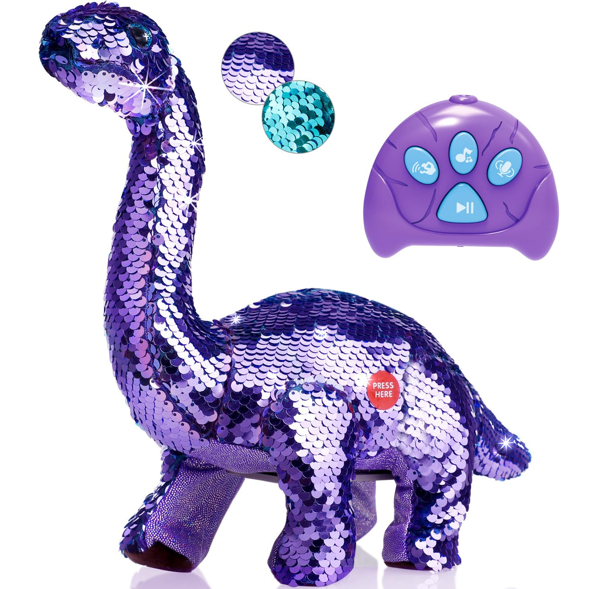 Koonie dinosaur toy with blue-purple sequins, inviting tactile play.