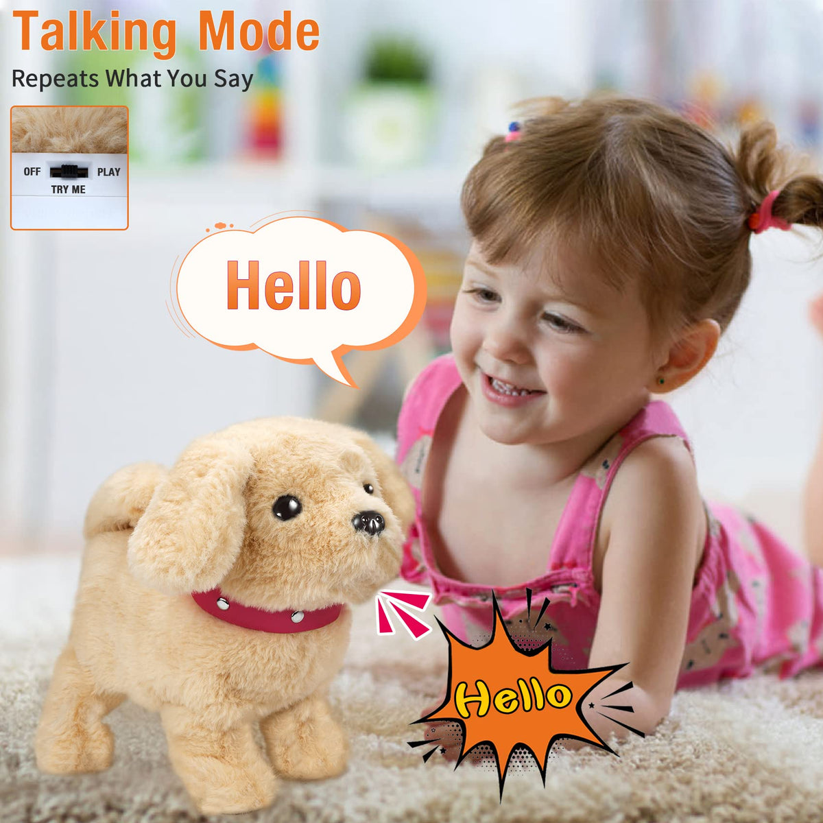 Koonie remote-control button activates walking, barking, and singing.