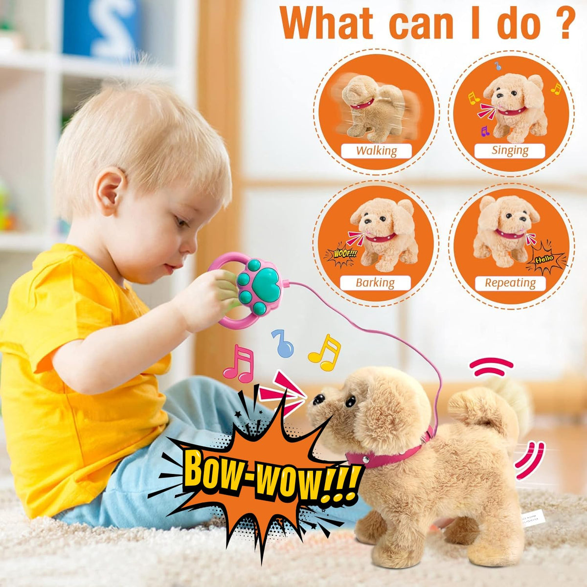 Koonie dog walks and barks, sings with remote control for interactive fun.