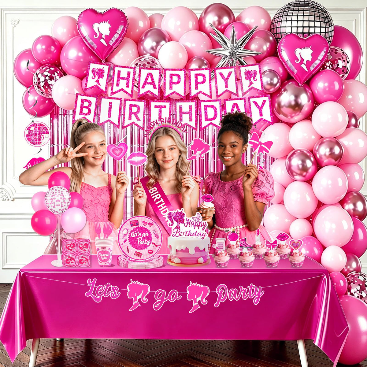 Kooterfun pink foil balloons provide shimmering accents for party walls