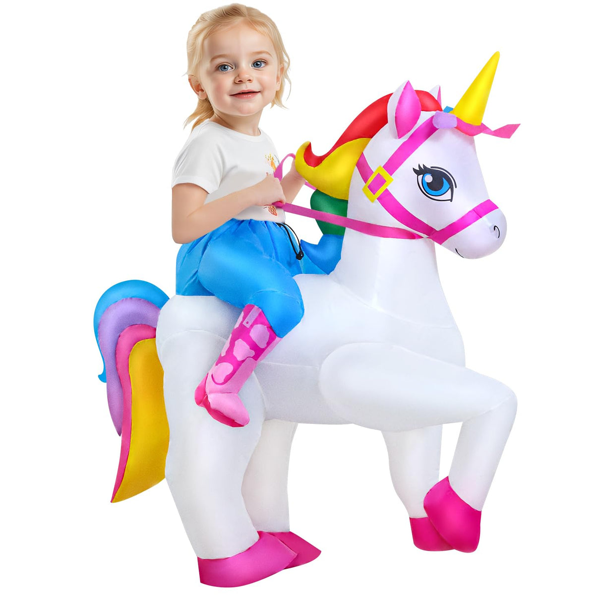KOOY inflatable unicorn costume worn by a kid ready for a party spotlight.