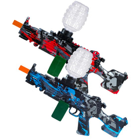 KOSKUDAR electric blaster set front view in red and blue for outdoor battles