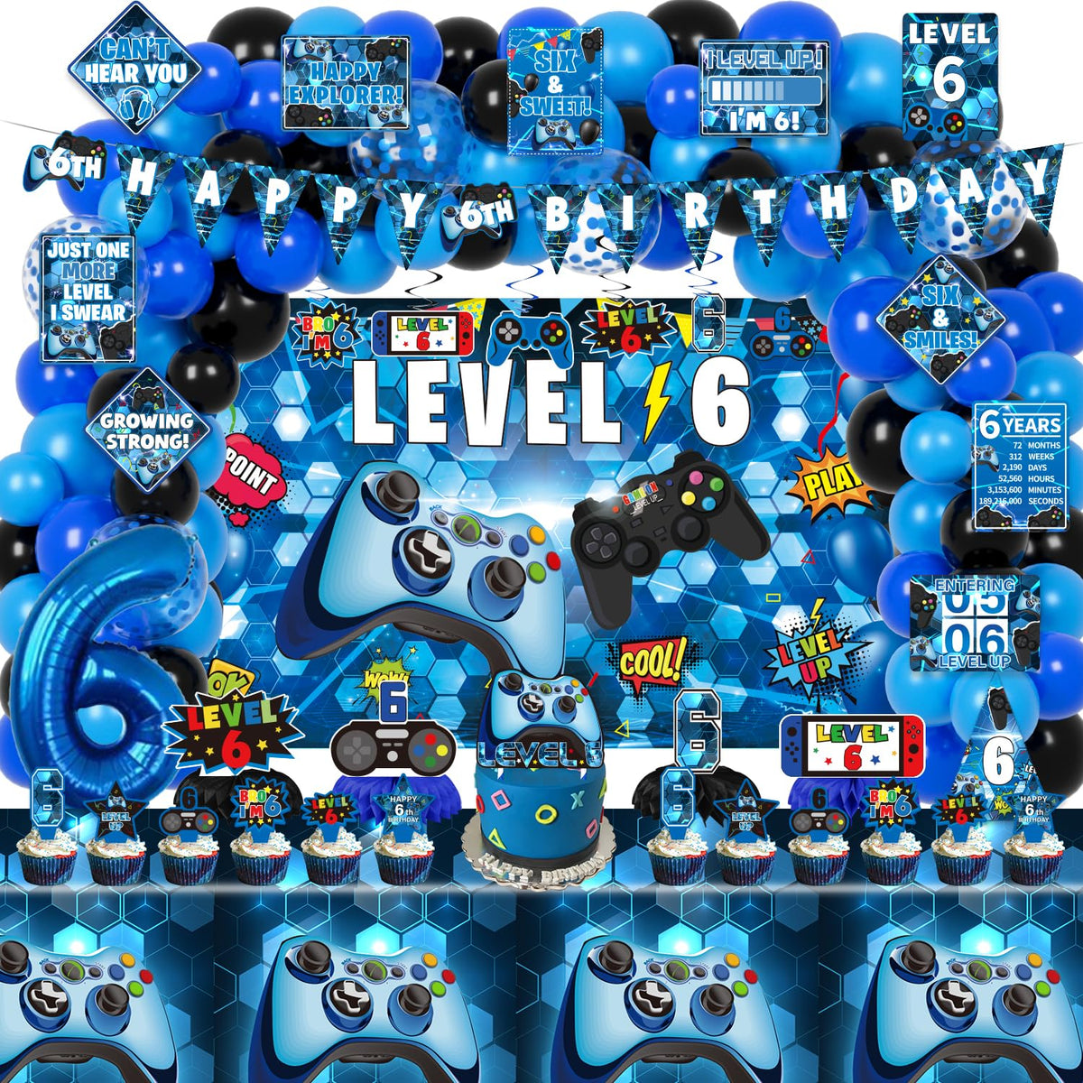 KOTLMIGHT 6th birthday backdrop in blue creates a gamer-themed scene