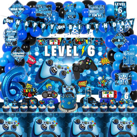 KOTLMIGHT 6th birthday backdrop in blue creates a gamer-themed scene
