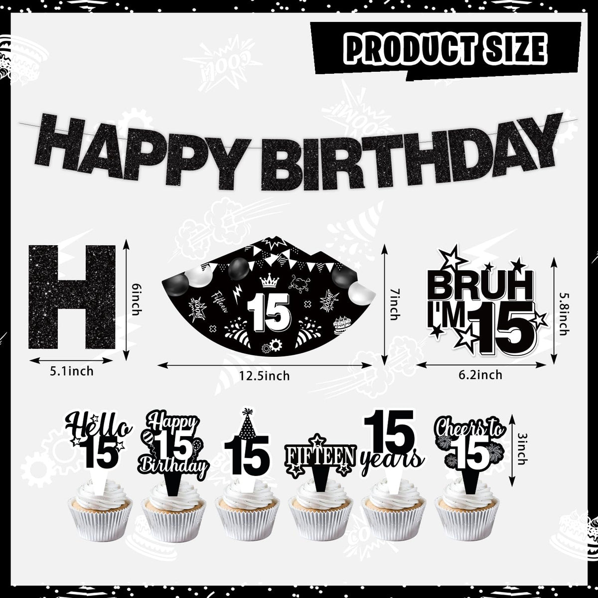 KOTLMIGHT 15th foil balloons in black white add festive contrast