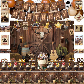 Kotlmight western backdrop for rustic cowboy birthday photos.