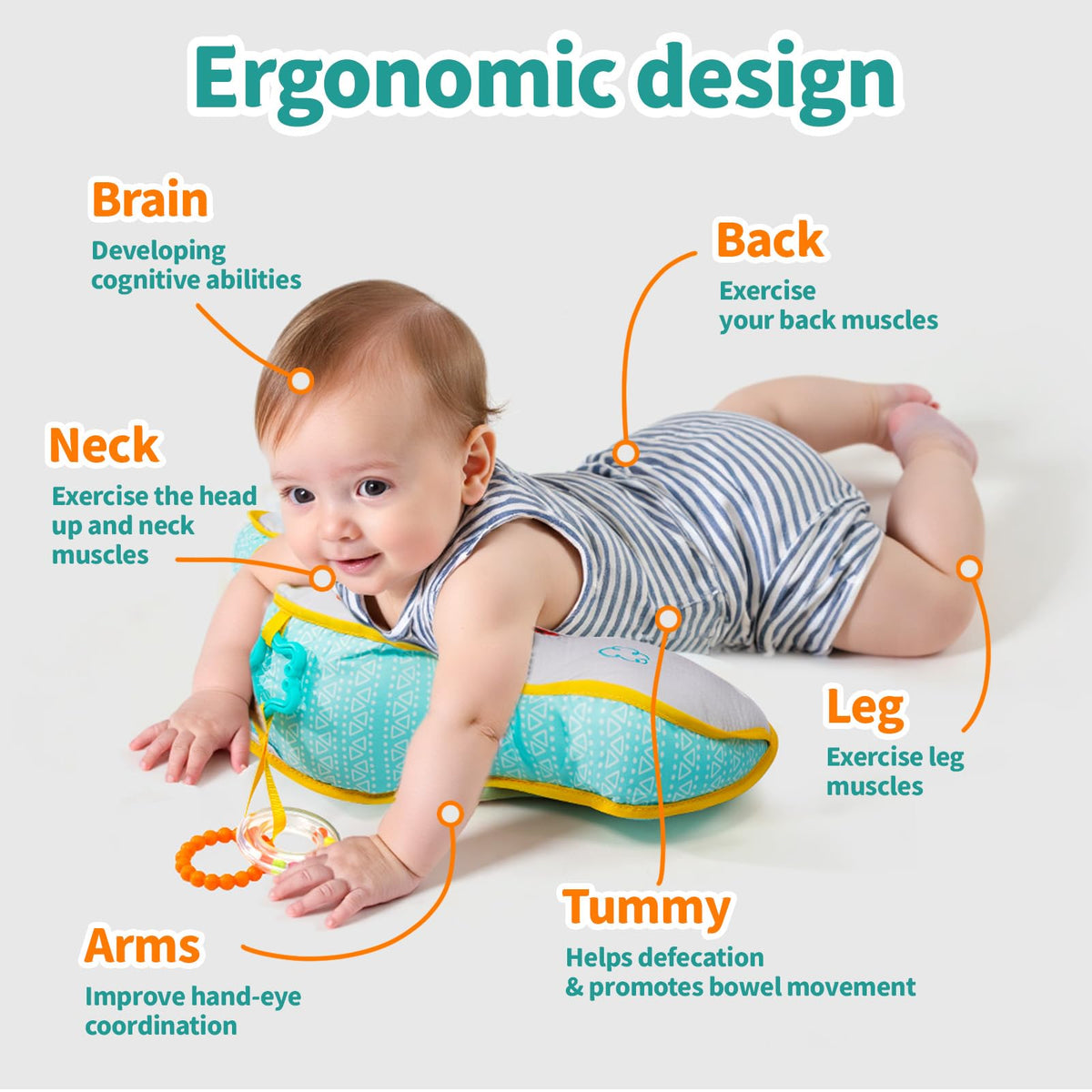 Koty teething toys attached to the pillow soothe gums while your infant explores.