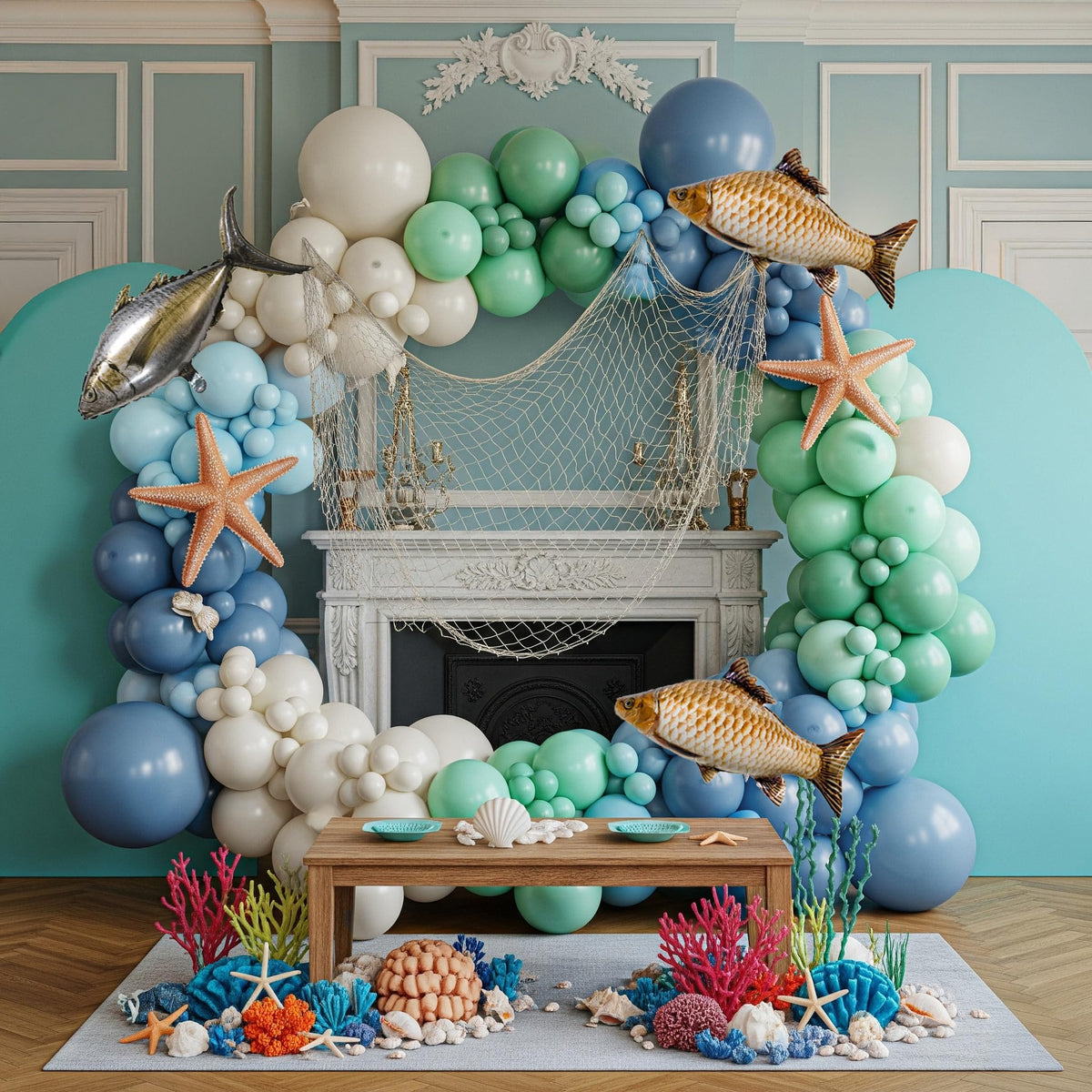 Kozee blue and sage balloons highlight a serene underwater vibe for celebrations