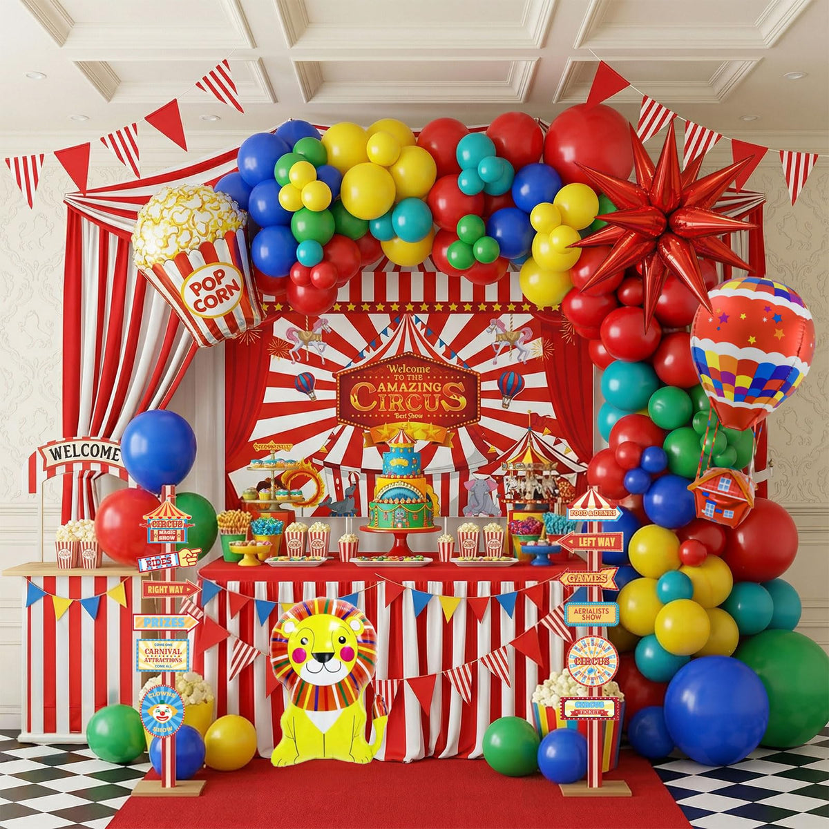 Kozee circus balloon garland kit in bold colors for a festive setup.