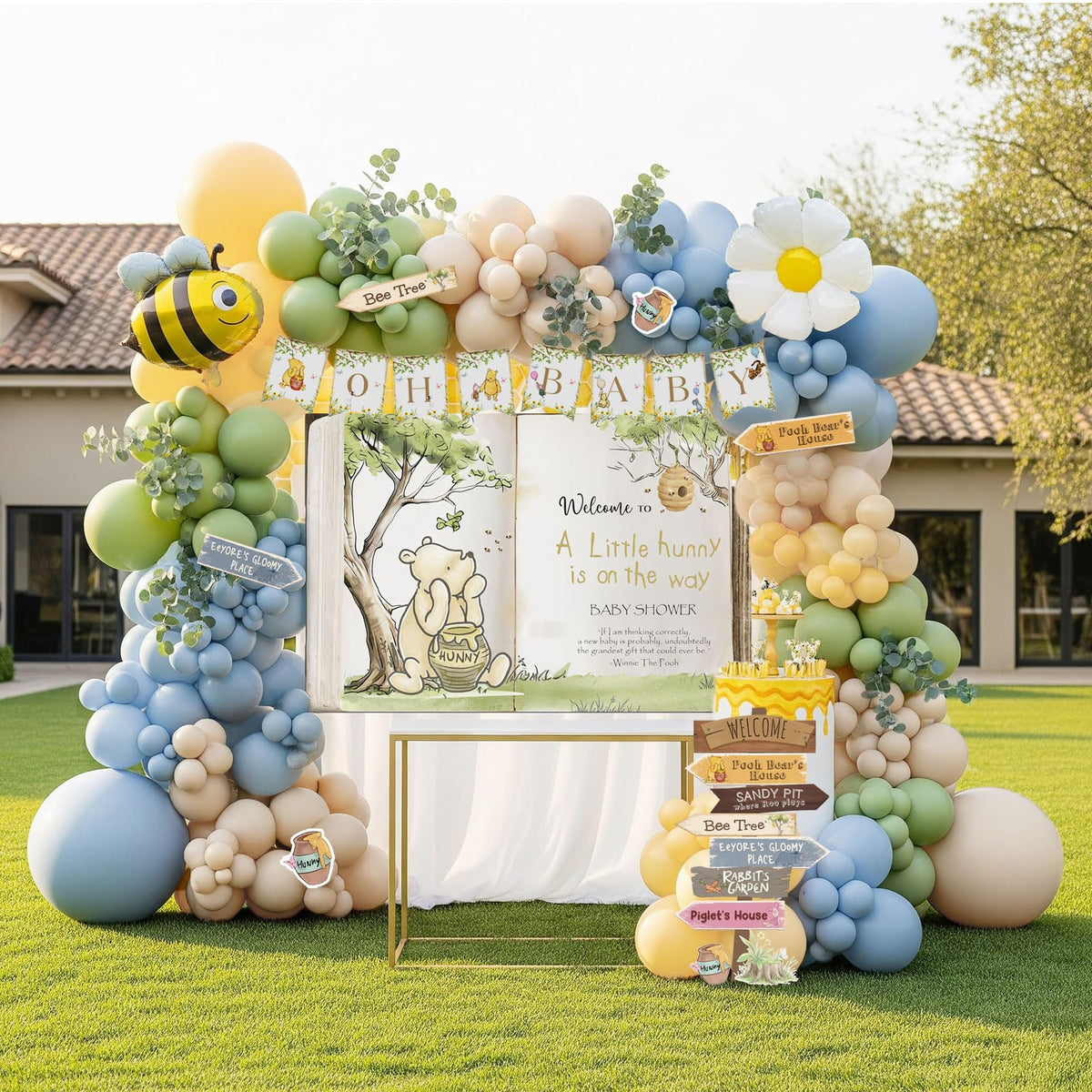 Kozee Classic Winnie balloon arch: a dreamy centerpiece for baby boy celebrations.