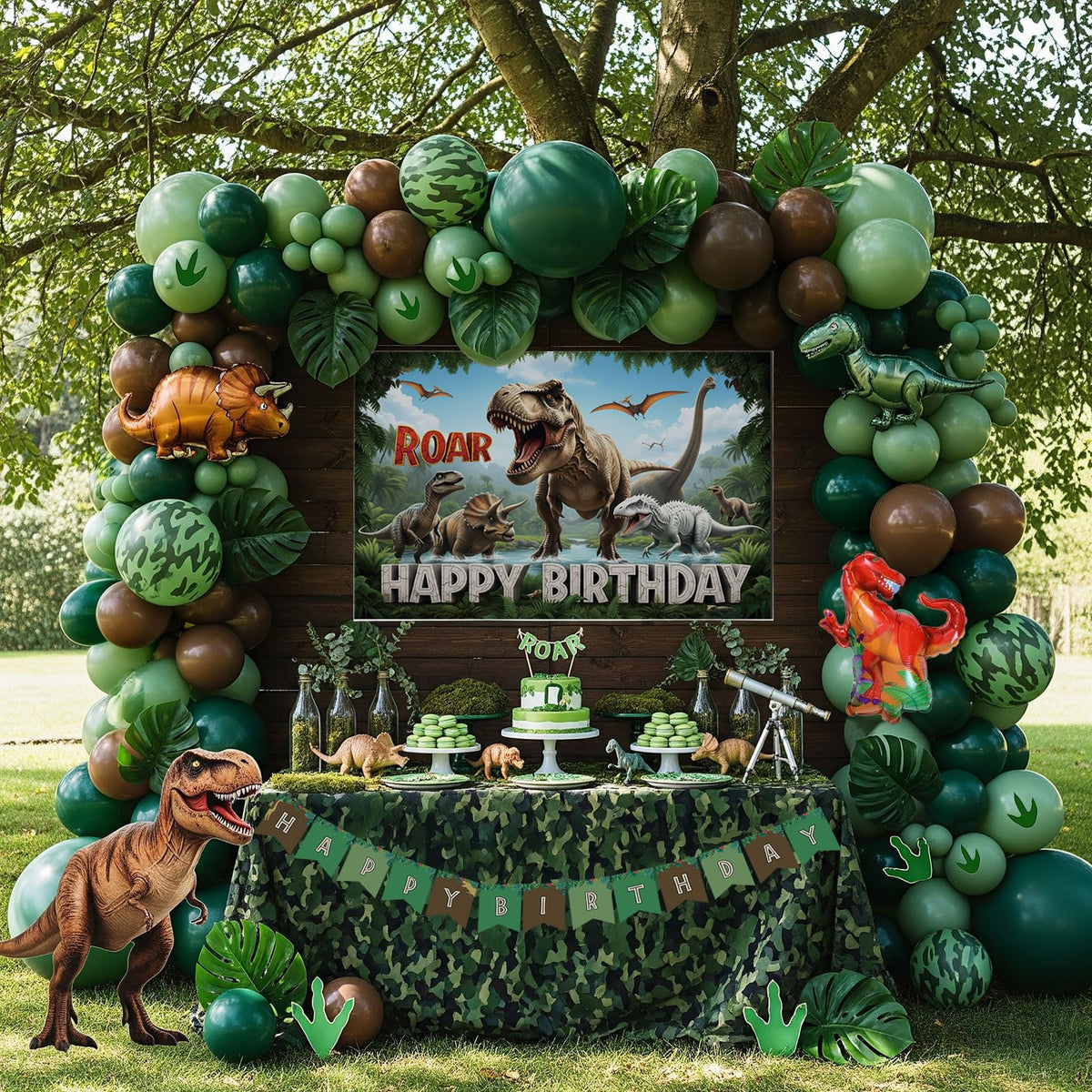 Kozee dinosaur backdrop with hunter green and brown arch for photo-worthy moments