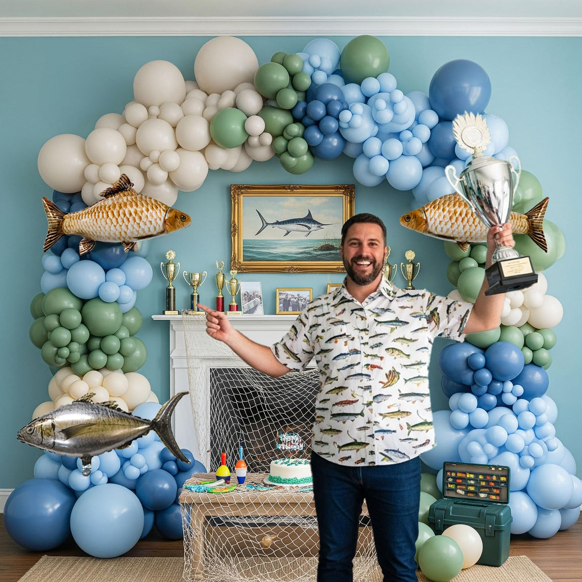 Kozee fishing theme birthday decor enhances a cohesive aquatic celebration