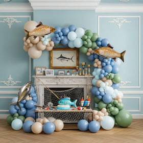 Kozee Gone Fishing balloon arch kit with blue and sage balloons creates a calming backdrop