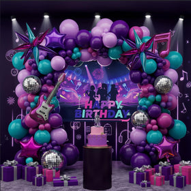Kozee K-Pop balloon arch in purple, pink, and teal colors enhances birthday decor