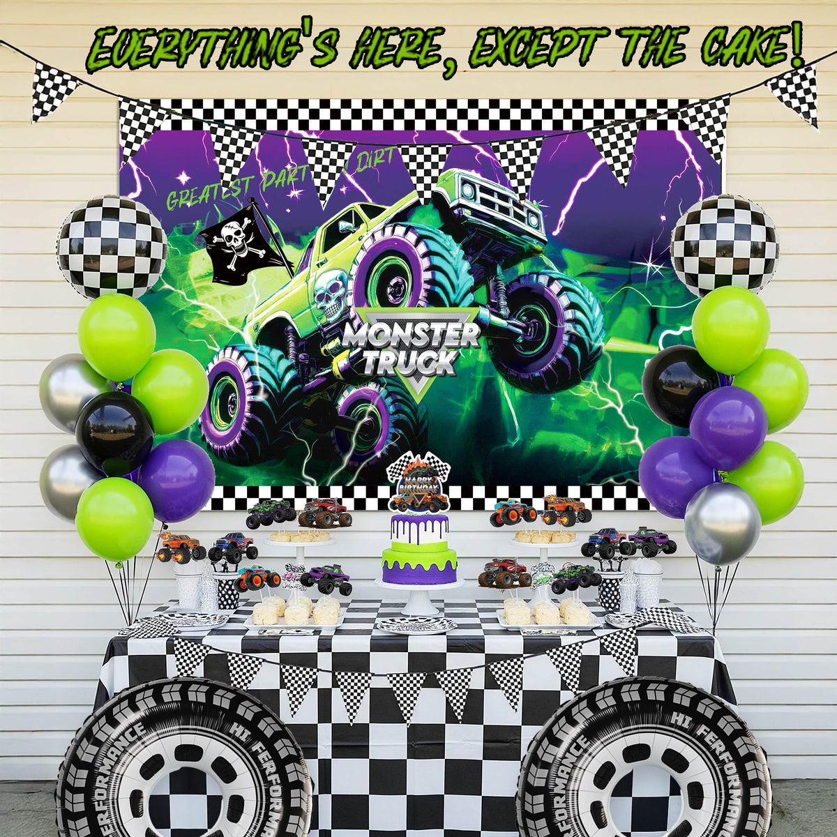 Kozee Monster Truck backdrop highlights a coordinating scene for dramatic party photos.