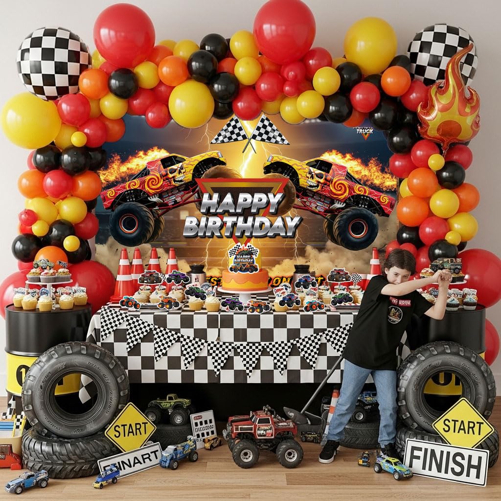 Kozee monster truck backdrop delivers immersive rally setting for photos.
