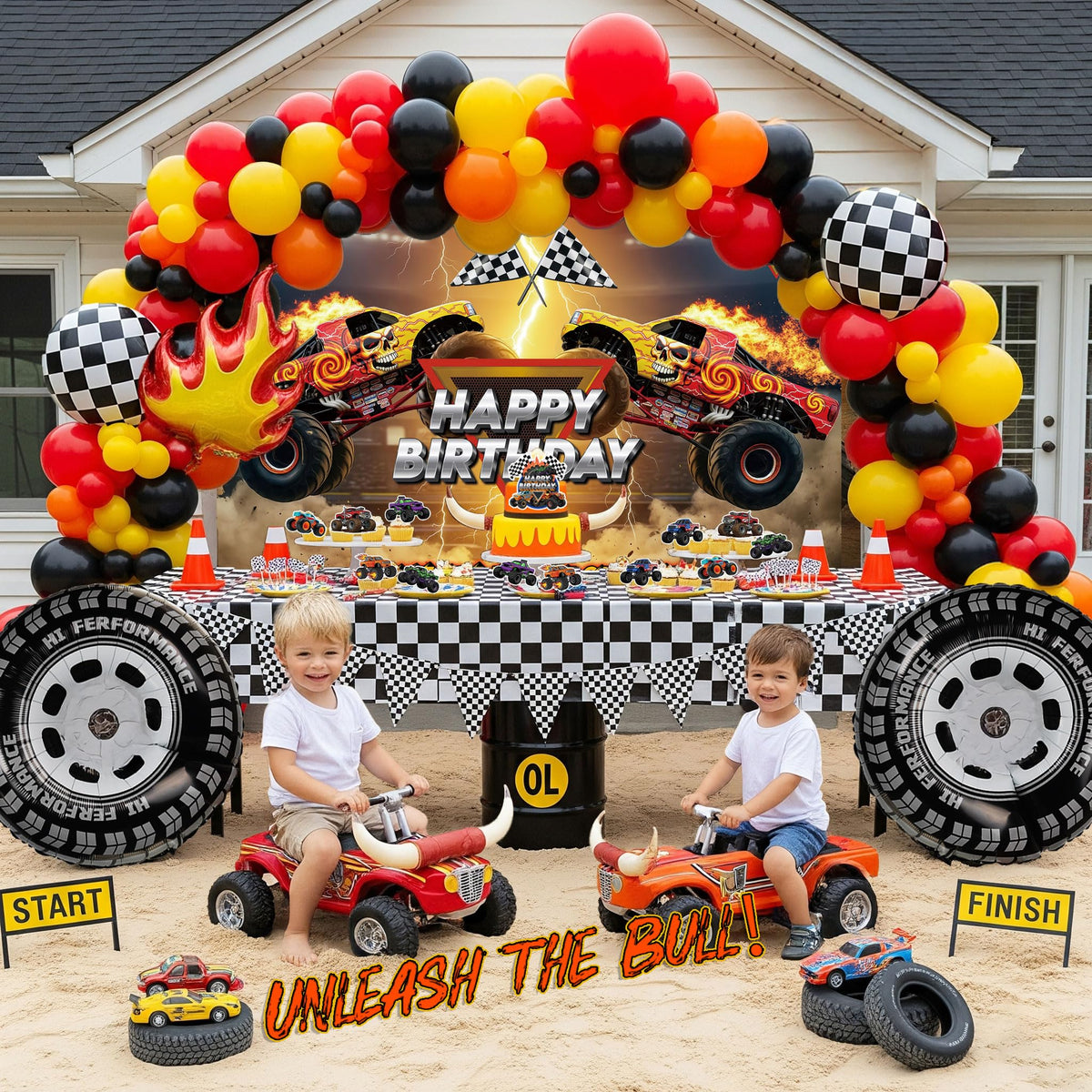 Kozee monster truck balloons in orange red yellow black for high-energy decor.