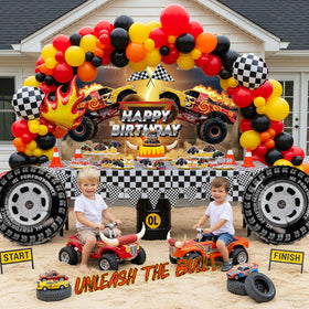 Kozee monster truck balloons in orange red yellow black for high-energy decor.