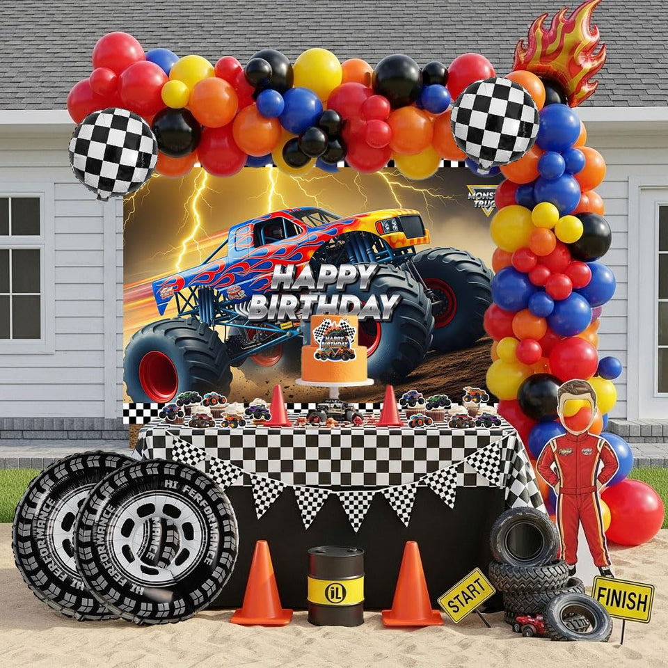 Kozee Monster Truck balloons in vibrant colors create an eye-catching entrance for photos.