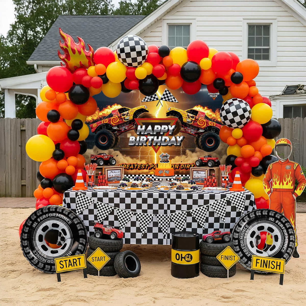 Kozee monster truck balloon arch creates a bold party entrance.