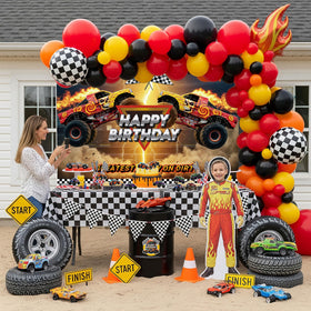 Kozee monster truck foil accents—flames and wheels elevate the display.