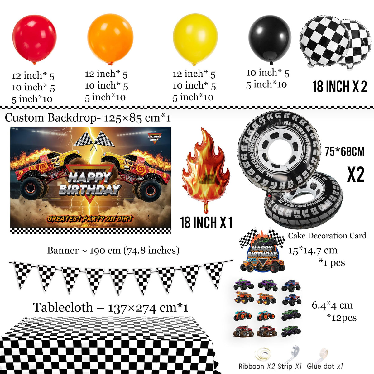Kozee monster truck tablecloth ties colors for a cohesive look.