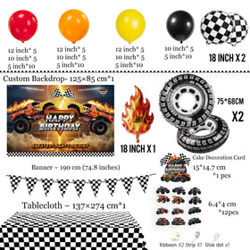 Kozee monster truck tablecloth ties colors for a cohesive look.