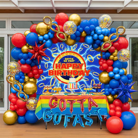 kozee red blue gold hedgehog arches banner sparking party backdrop for video games
