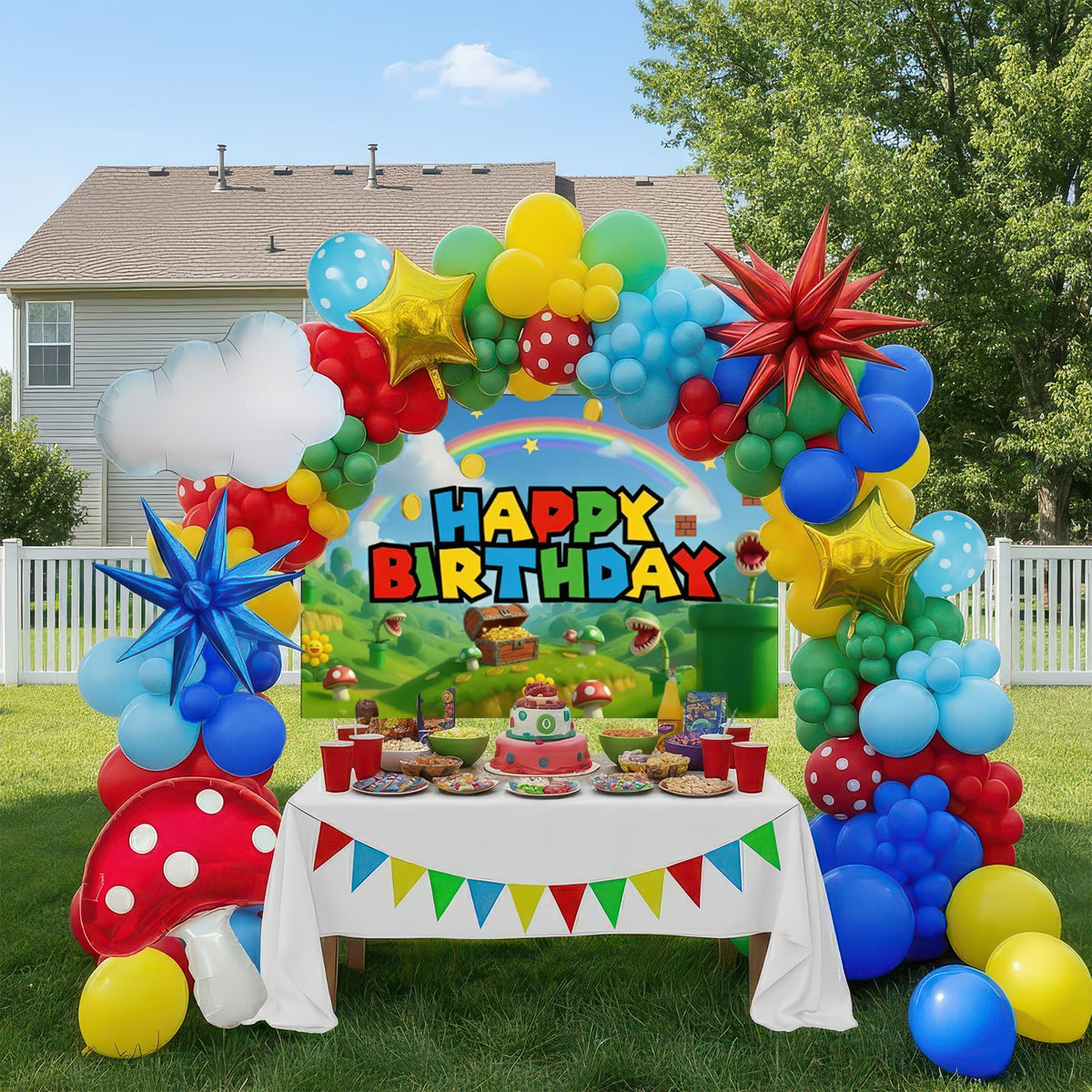 Kozee Super Bros balloon arch creates a bold birthday backdrop for photos
