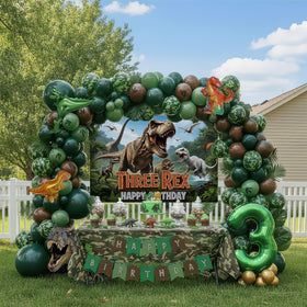 Kozee T-Rex arch decor creates an immersive jungle party vibe