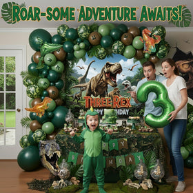 Kozee T-Rex Happy Birthday banner ties the theme together