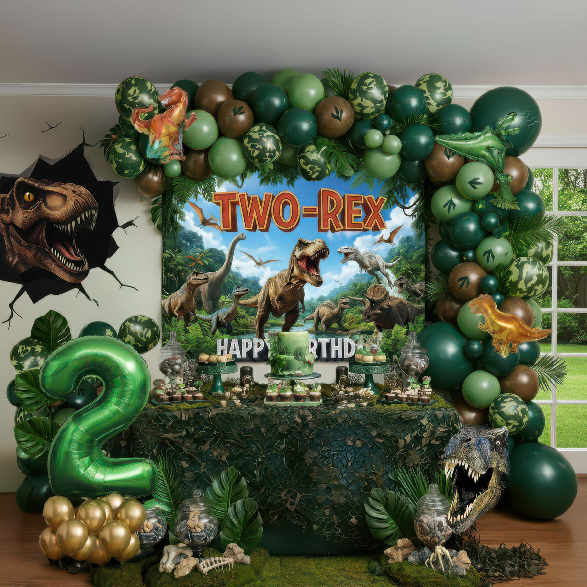 Kozee Two-Rex balloon arch boosts party photos with jungle-dino vibes.