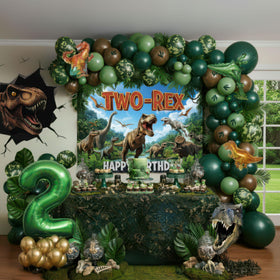 Kozee Two-Rex balloon arch boosts party photos with jungle-dino vibes.