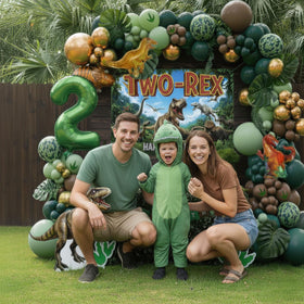 Kozee Two-Rex banner backdrop creates a memorable birthday stage.