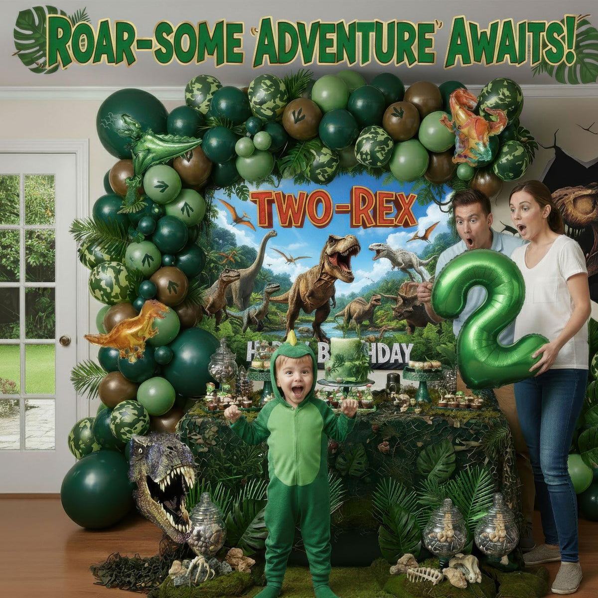 Kozee Two-Rex foil dinosaur balloons add whimsy and shine.