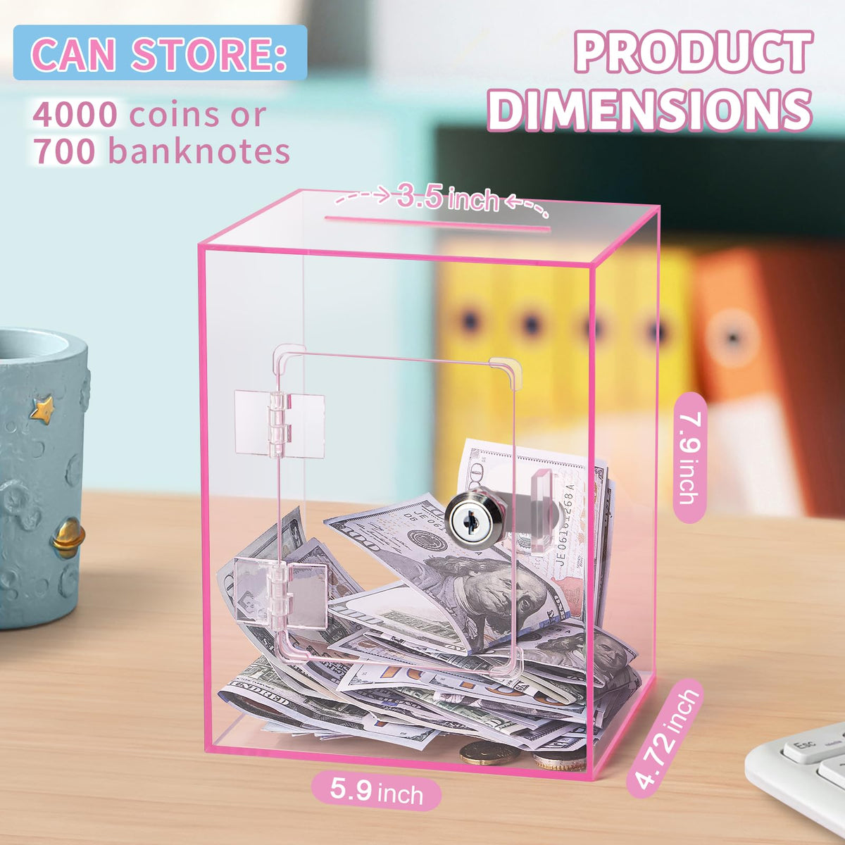Kozsort acrylic money-saving jar pink durable construction keeps funds safe.