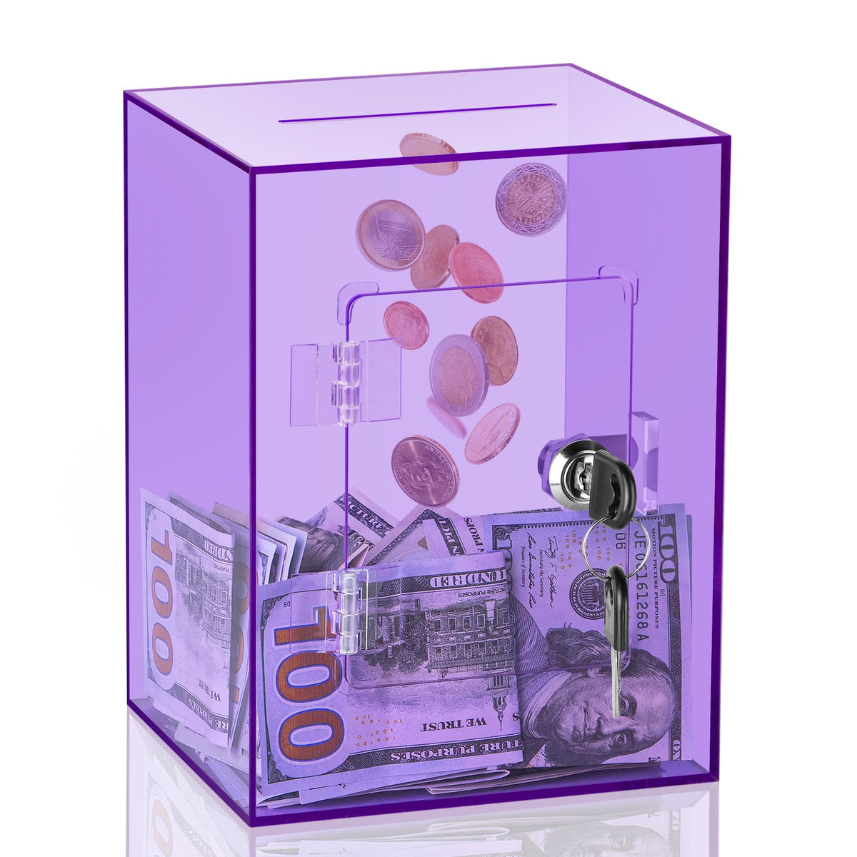 Kozsort clear piggy bank in purple, front view showing transparent savings growth