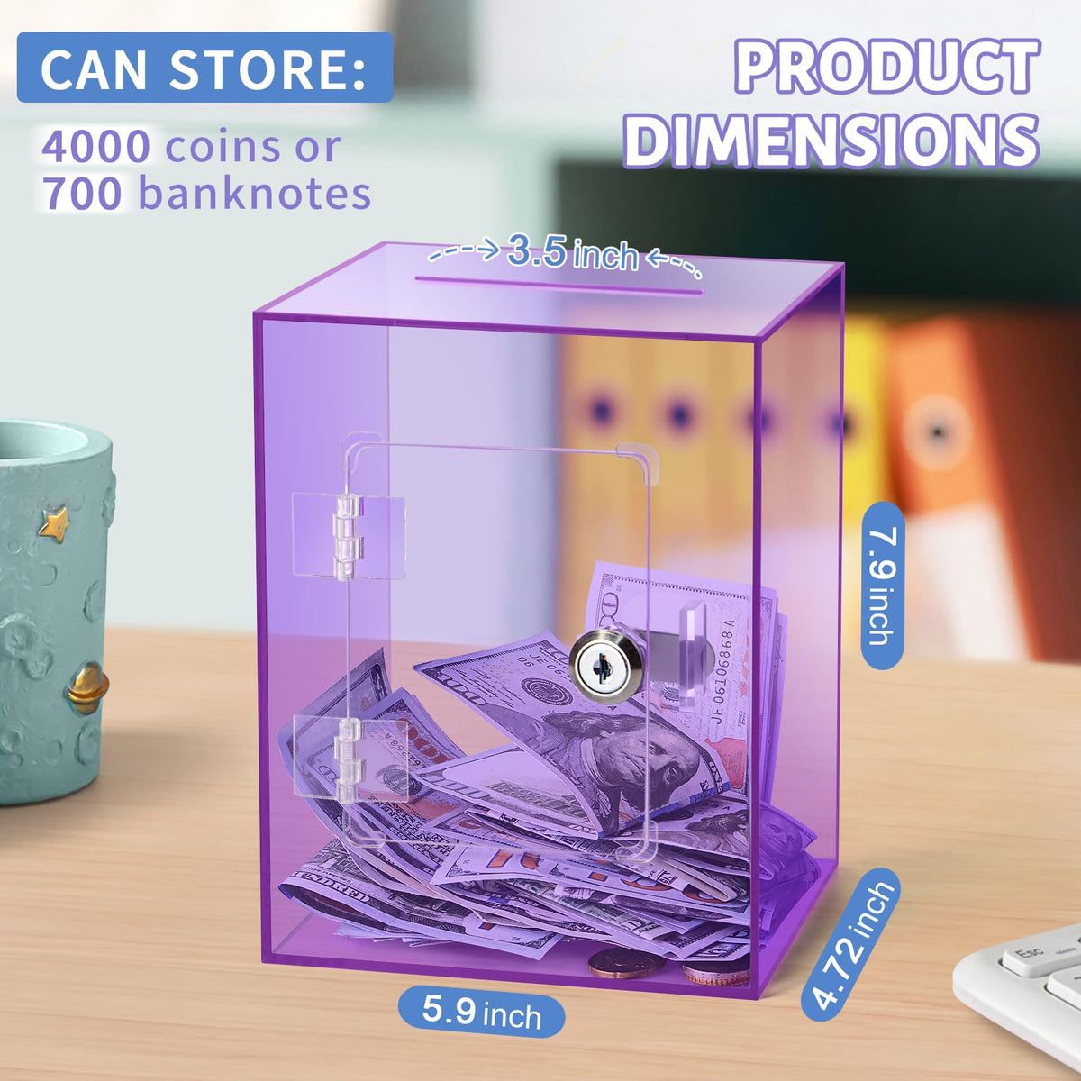 Kozsort clear piggy bank in purple, top view highlighting easy access with the key